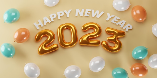 3D-Rendering goldene Textnummer 2023 und weiße Luftballonzusammensetzung auf orangefarbenem Hintergrund