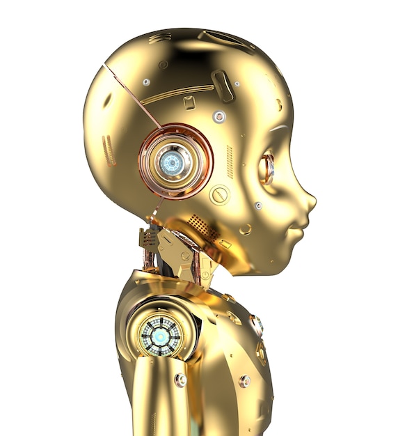 3D-Rendering goldenen niedlichen Roboter oder Roboter der künstlichen Intelligenz mit Cartoon-Figur isoliert auf weißem Hintergrund