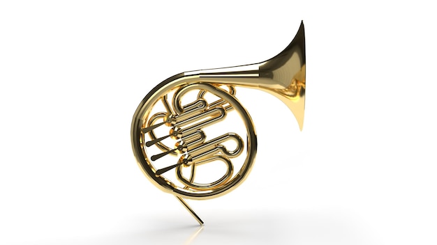 3D-Rendering Goldenes glänzendes neues Metallmessingrohr-Musikinstrument isoliert auf weißem Hintergrund