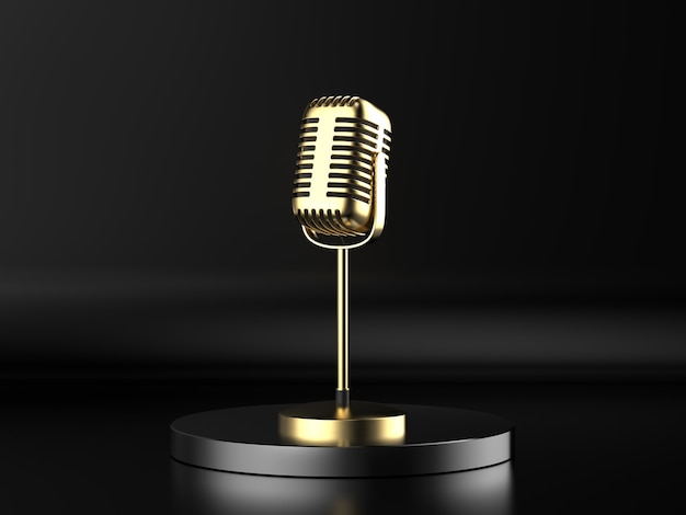 3D-Rendering goldenes Mikrofon auf der Bühne mit schwarzem Hintergrund