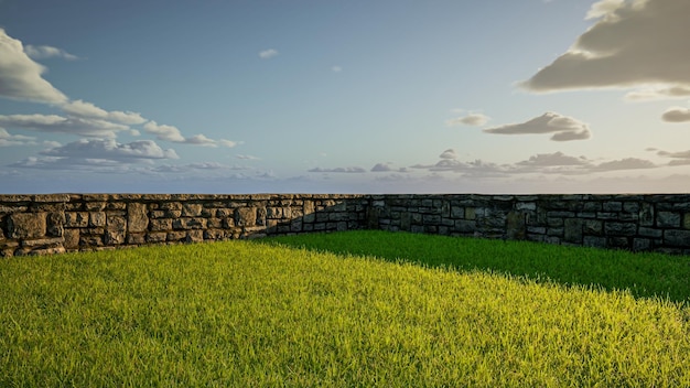 3D-Rendering Grasgarten mit Baum und Wand