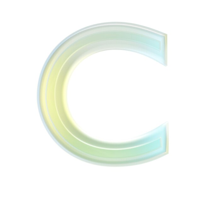 3d rendering green and yellow glassy transparent letter c on checkered background