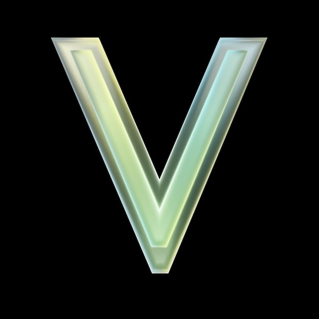 3d rendering green and yellow glowing transparent letter v on black background