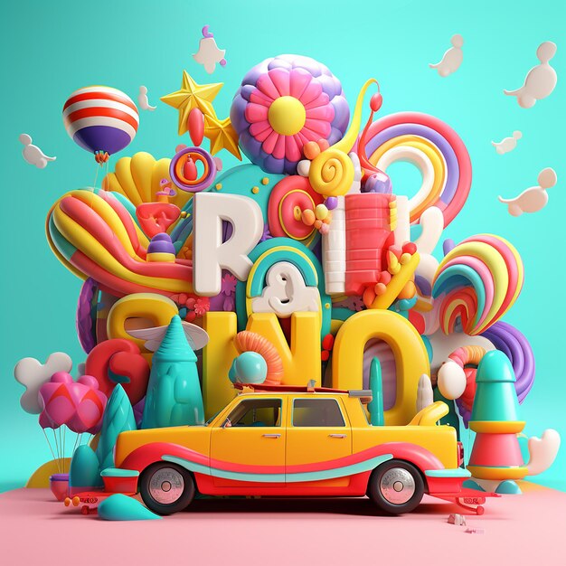 3D-Rendering groovy Cartoon-Stil Designs mit Wörtern Storytelling-Stil helle Farben