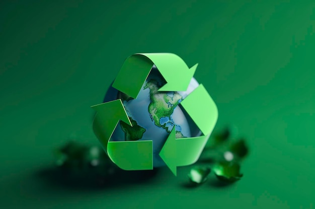 3D-Rendering grünes Recyclingschild mit Globus im Hintergrund Retten Sie die Welt und das Umweltkonzept generieren KI