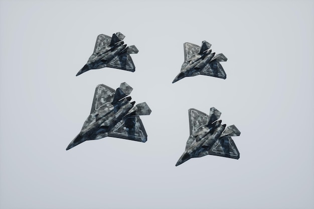 3D-Rendering Gruppe moderner Kampfflugzeuge der 5. oder 6. Generation im Himmel Kampfflugzeug Air Force neue Technologien fotorealistische Grafik Mixed Media 3D-Darstellung