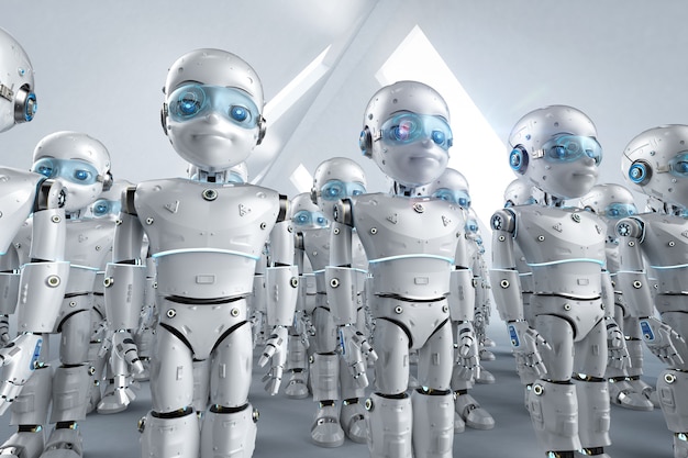 3D-Rendering-Gruppe süßer Roboter mit Zeichentrickfigur