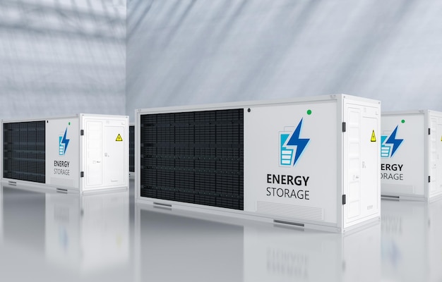 3D-Rendering-Gruppe von Energiespeichersystemen oder Batteriebehältern in der Fabrik