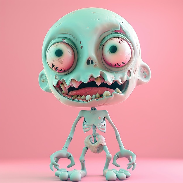 3D-Rendering Gruseliger Zombie liebenswerter Ausdruck winziger Emoji in weichen Pastellfarben