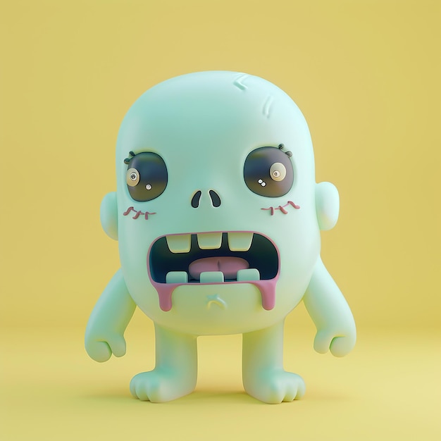 3D-Rendering Gruseliger Zombie liebenswerter Ausdruck winziger Emoji in weichen Pastellfarben