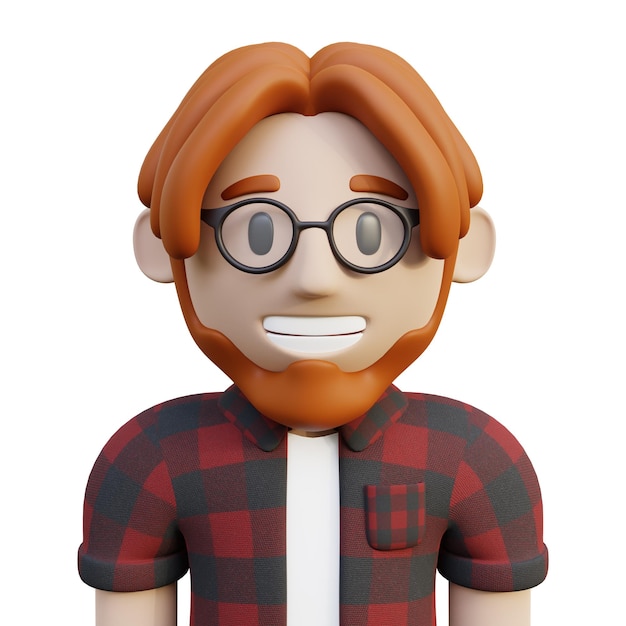 3D-Rendering Halbkörper bärtige männliche Figur mit Brille und rotem Flanell