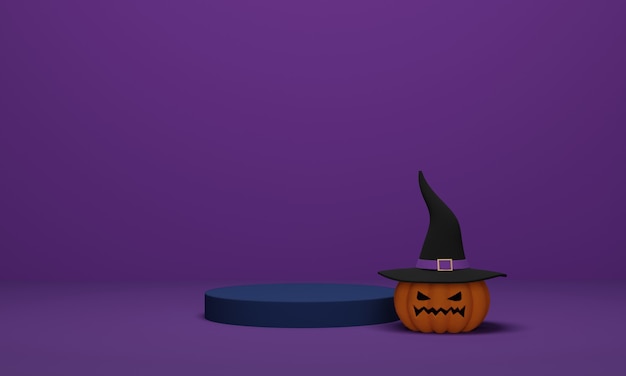 3D-Rendering. Halloween-Kürbis trägt einen Hexenhut mit Podium auf lila Hintergrund. Abstrakte minimale Szene für Halloween-Hintergrund