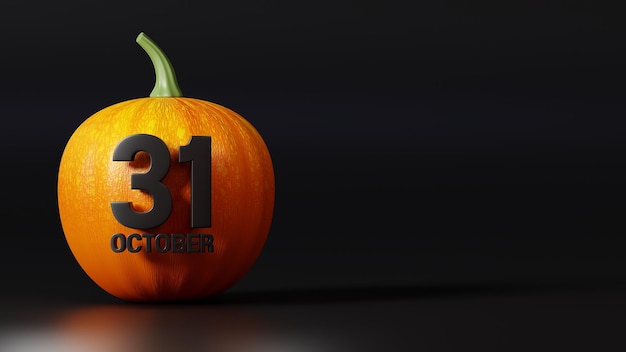 3D-Rendering Halloween-Kürbis und Schrift Oktober, 31. Hintergrund auf schwarzem Hintergrund, Kopierraum