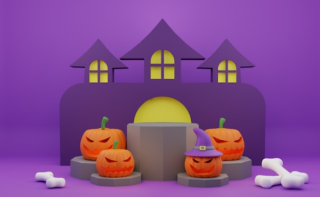 3D-Rendering Halloween-Podium-Werbung mit beängstigend Charakter Kürbis Spukhaus Hintergrund Banne