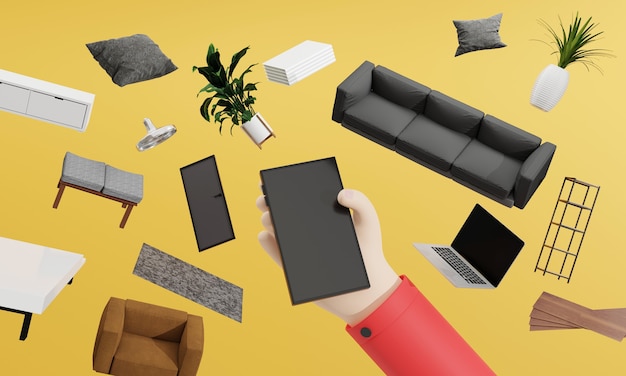 3D Rendering hand use smartphone para pedir productos en tiendas en línea tecnología mart gadget de moda