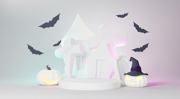 3d-Rendering Happy Halloween Day Hintergrund mit Podium Stand Produkt und weißer Neonszene und niedlichem gruseligem Design Halloween-Kürbisse Geister- und Fledermausdekorationen auf weißgrauem Hintergrund