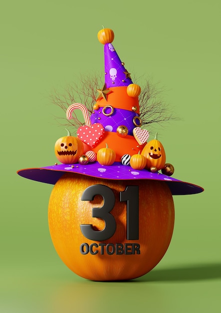 3D-Rendering Happy Halloween, Kürbiskopf auf grünem Hintergrund, 31. Oktober