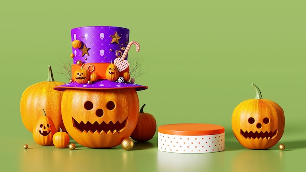 3D Rendering Happy Halloween, Podium Pumpkin em fundo verde, 31 de outubro, caixa de presente e balão