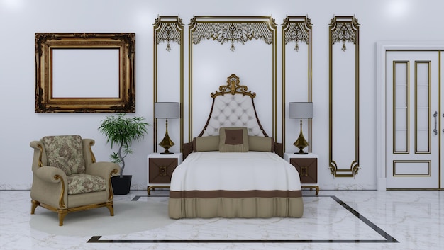 3D-Rendering Hauptschlafzimmer mit klassischem Luxuskonzept