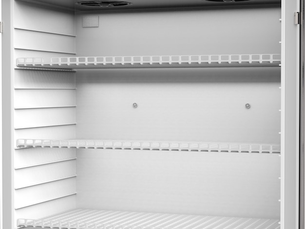 Foto 3d-rendering hautnah leere regale im kühlschrank