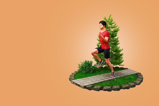 3D Rendering hombre joven en forma en camiseta roja corriendo en un parque Jogging y correr concepto Vista frontal