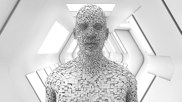 3D-Rendering Humanoider Kopf und futuristischer Raum