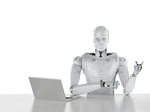 3D-Rendering humanoider Roboter, der an einem Laptop arbeitet