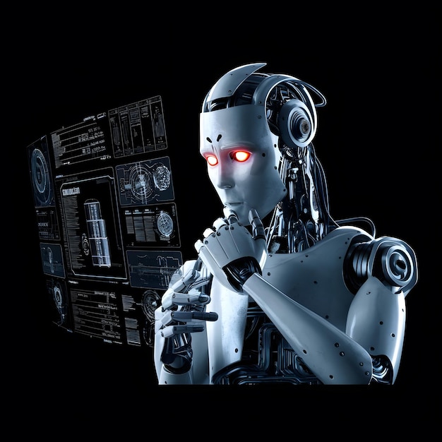 3D-Rendering humanoider Roboter, der auf weißem Hintergrund denkt
