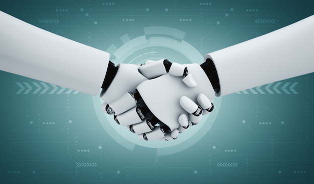 3D-Rendering humanoider Roboter-Handshake für die Zusammenarbeit mit zukünftigen Technologien