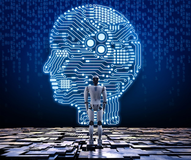 3D-Rendering humanoider Roboter mit AI-Schaltung Gehirn