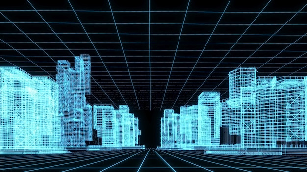 3D-Rendering-Illustration Bauplan leuchtendes Neon-Hologramm futuristische Show-Technologie