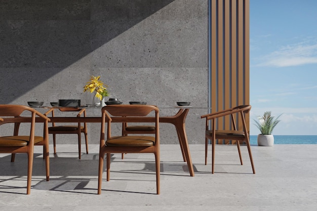 3D-Rendering-Illustration des modernen Speisesaals auf einem Tisch mit Meerblick, dekorieren Sie den Raum mit hölzernem, gemütlichem Interieur im Loft-Stil, blaues Meer und Himmel mit Sonnenlicht, luxuriöses Abendessen mit der Familie