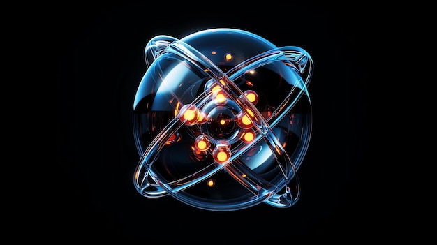 Foto 3d-rendering-illustration eines atoms die elektronen werden durch leuchtende kugeln dargestellt und der kern wird durch eine feste kugel dargestellt