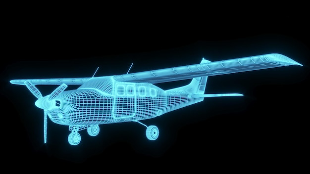 3D-Rendering Illustration Flugzeug Blaupause leuchtendes Neon-Hologramm futuristische Show-Technologie sicher