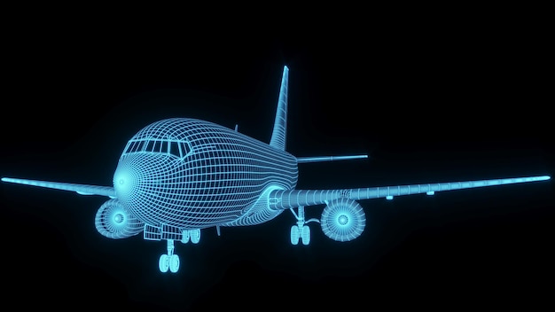 3D-Rendering Illustration Flugzeug Blaupause leuchtendes Neon-Hologramm futuristische Show-Technologie sicher