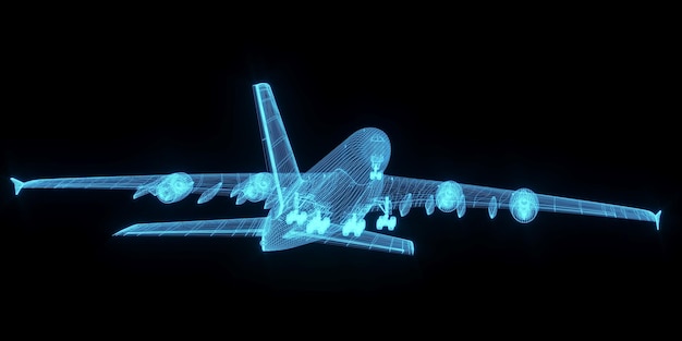 Foto 3d-rendering illustration flugzeug blaupause leuchtendes neon-hologramm futuristische show-technologie