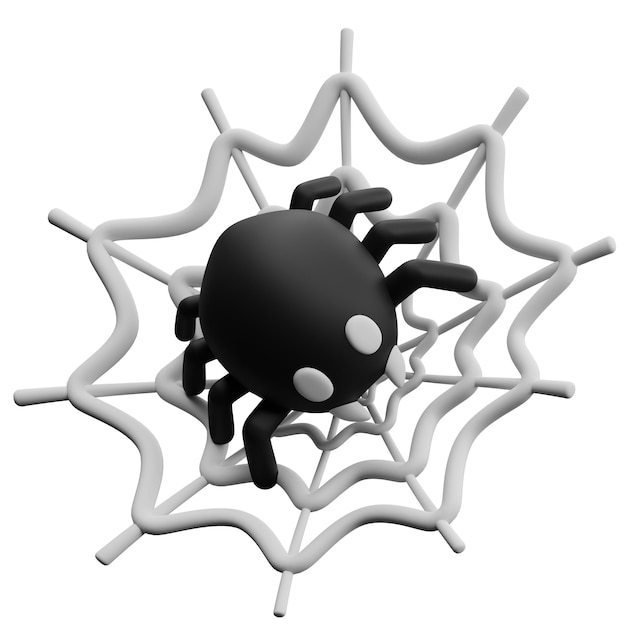 Foto 3d-rendering illustration gruselige und niedliche schwarze spinne, die im spinnennetz bleibt, halloween dekorativ