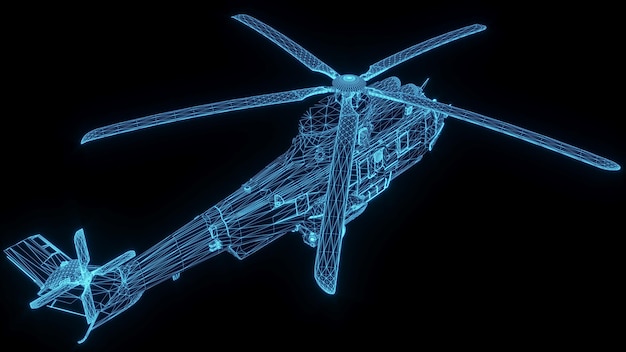 3D-Rendering-Illustration Helicopter Blueprint leuchtendes Neon-Hologramm futuristisch