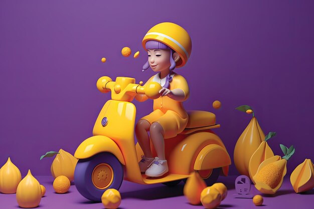 3D-Rendering Illustration Lieferservice ein Mädchen auf einem Roller mit lila Hintergrund und Orangen