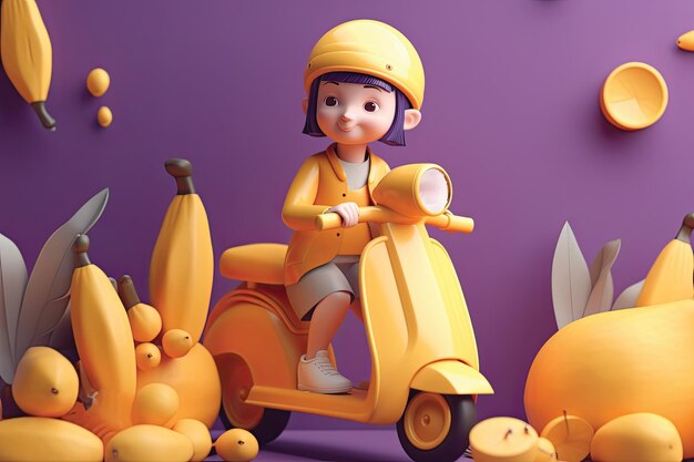 3D-Rendering Illustration Lieferservice ein Mädchen auf einem Roller mit lila Hintergrund und Orangen