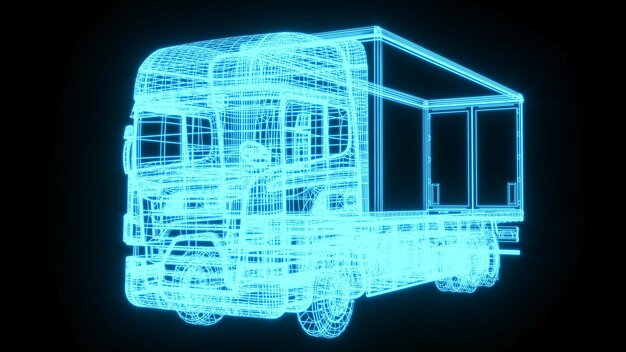 3D-Rendering-Illustration LKW-Blaupause leuchtendes Neon-Hologramm futuristische Show-Technologie