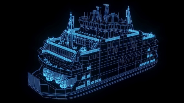 3D-Rendering-Illustration Schiff Blaupause leuchtendes Neon-Hologramm futuristische Show-Technologie-Sicherheit