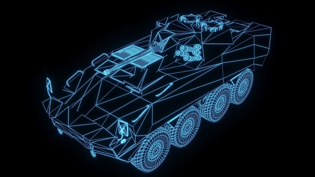 3D-Rendering-Illustration Tank Blueprint leuchtendes Neon-Hologramm futuristische Show-Technologiesicherheit