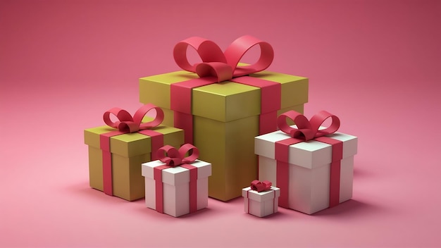 3D-Rendering-Illustration von Geschenkkisten mit Bögen auf rosa Hintergrund