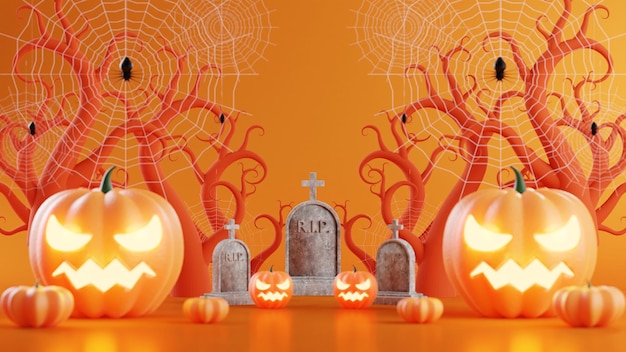 3D-Rendering-Illustrationsdesign für Halloween-Banner mit Kürbis, Kruzifix, Totenkopf, Kerze, Süßigkeiten, Givebox-Grab auf dem Hintergrund