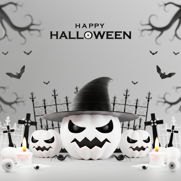 3D-Rendering-Illustrationsdesign für Halloween-Banner mit Kürbis, Kruzifix, Totenkopf, Kerze, Süßigkeiten, Givebox-Grab auf dem Hintergrund