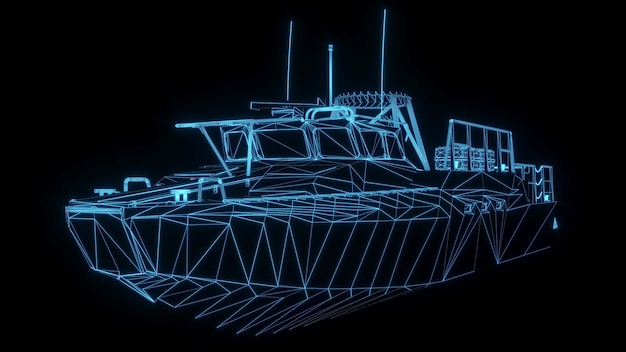 3D rendering ilustración barco blueprint brillante neón holograma futurista