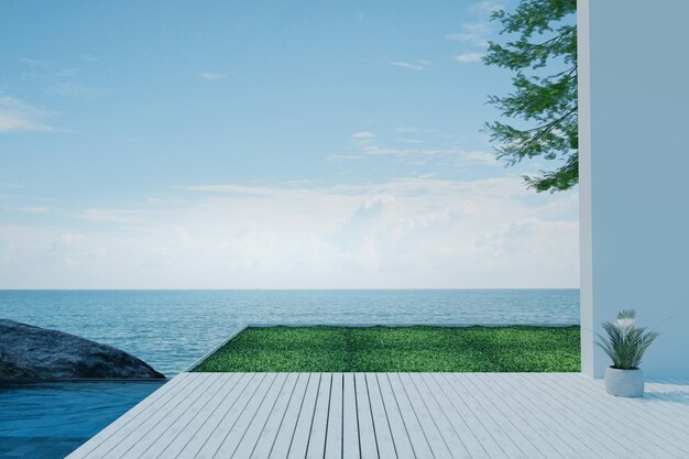 Foto 3d rendering ilustración cubierta de madera área de descanso al aire libre piscina villa alto lujo vista al mar azul mar y cielo verano para relajarse con la familia tiempo feliz terraza del resort relajarse concepto de temporada de verano