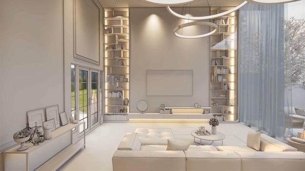 3D-Rendering Innenhaus moderner offener Wohnraum mit KücheLuxus im modernen Stil Maisonette-WohnanlageHausdekoration Luxus-Innenarchitektur