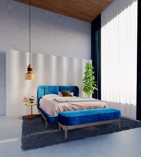 3D-Rendering Innenszene und Mockup Moderne Schlafzimmereinrichtung mit blauem Bett und Deckenlampe